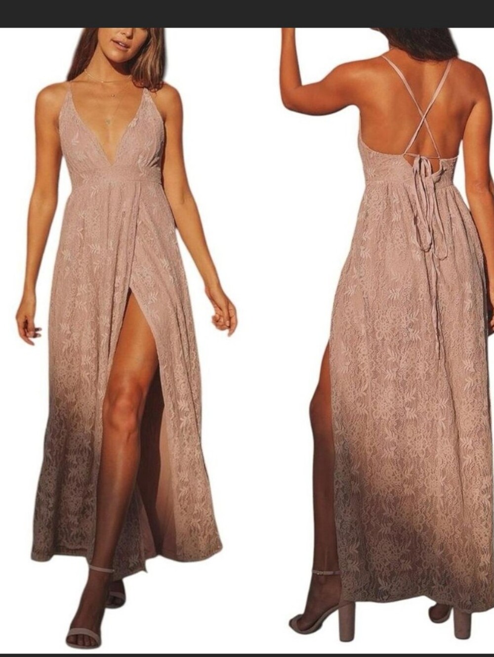 M NWT Lulus Stolen Moments Dusty Pink Lace-Up‎ Lace Maxi Dress